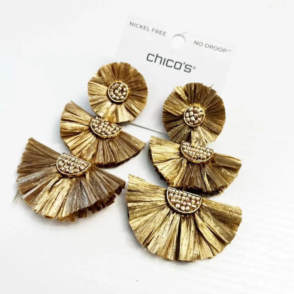 NEW Chico's Gold Raffia Tiered Earrings No Droop